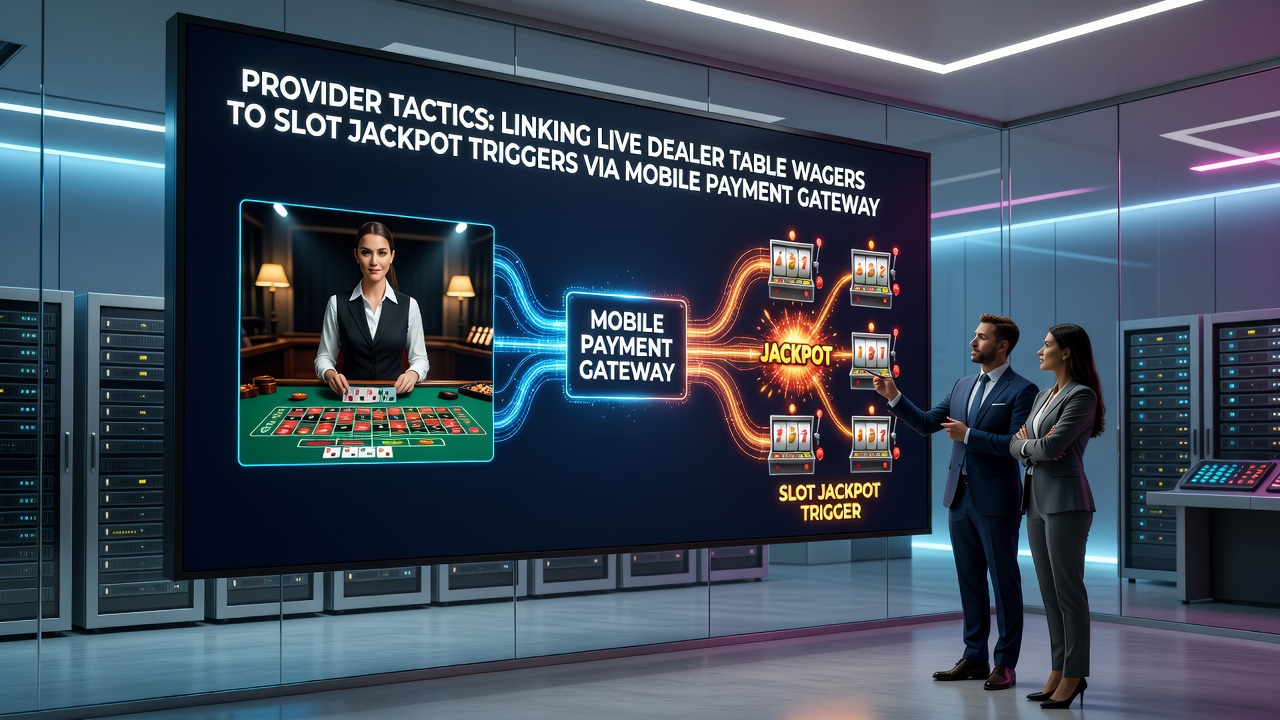 Diagram showing data flow from live dealer tables through mobile gateways to slot jackpot triggers